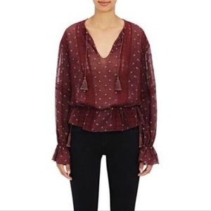 Ulla Johnson Burgundy Dot Tie-Neck Peasant Blouse